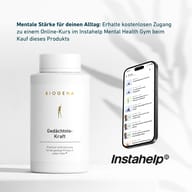 BIOGENA Gedächtnis-Kraft® neben Smartphone mit Instahelp Mental Health Gym App. Hinweis auf kostenlosen Online-Kurs beim Kauf des Produkts zur Unterstützung mentaler Stärke im Alltag.