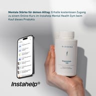 BIOGENA Magnesium 150 neben Smartphone mit Instahelp Mental Health Gym App. Hinweis auf kostenlosen Online-Kurs beim Kauf des Produkts zur Unterstützung mentaler Stärke im Alltag.