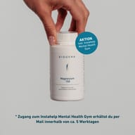 BIOGENA Magnesium 150 mit Hinweis auf Instahelp Mental Health Gym Aktion. Zugang zum Online-Kurs wird nach dem Kauf per E-Mail innerhalb von ca. 5 Werktagen versendet.