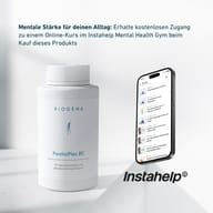 BIOGENA PanthoPlex B5® neben Smartphone mit Instahelp Mental Health Gym App. Hinweis auf kostenlosen Online-Kurs beim Kauf des Produkts zur Unterstützung mentaler Stärke im Alltag.