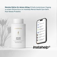 BIOGENA Safrodia® Superior neben Smartphone mit Instahelp Mental Health Gym App. Hinweis auf kostenlosen Online-Kurs beim Kauf des Produkts zur Unterstützung mentaler Stärke im Alltag.