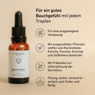BIOGENA PETS Bauch Tropfen Tropfflasche, Text Happy belly, Symbole, beiger Hintergrund