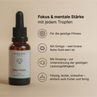 Biogena Pets Fokus Tropfen Tropfflasche, beige Hintergrund, englischer Text, Symbole