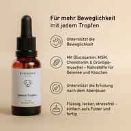 Biogena Pets Gelenk Tropfen Tropfflasche, Text und Symbole auf beigem Hintergrund