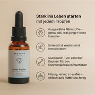 BIOGENA PETS Junior Tropfen Tropfflasche, beiger Hintergrund, Text, Symbole