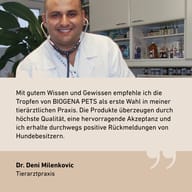 Mann mit Stethoskop, weisser Kittel, Regale mit Flaschen, Textfeld mit Zitat