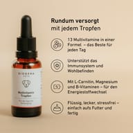 BIOGENA PETS Multivitamin Tropfen Tropfflasche, beiger Hintergrund, Text, Piktogramme
