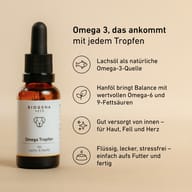 Biogena Pets Omega Tropfen Tropfflasche, Text und Piktogramme, beiger Hintergrund