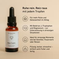 BIOGENA PETS Relax Tropfen Tropfflasche, englischer Text, Symbole, beiger Hintergrund