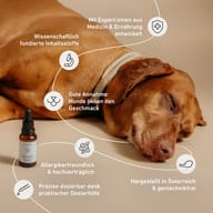 Biogena Pets Relax Tropfen Pipettenflasche, brauner Hund liegend, Halsband, Icons, Text