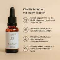 BIOGENA PETS Senior Tropfen Tropfflasche, Text und Symbole, beiger Hintergrund