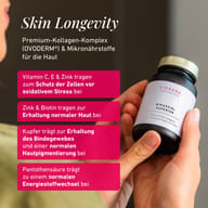 MIRASKIN+ SUPERIOR, Braunglasflasche, Hand hält Produkt, teilweise sichtbares Gesicht, Oberkörper, eingeblendete Textfelder
