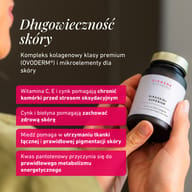 MIRASKIN+ SUPERIOR, butelka z brązowego szkła, dłoń trzyma produkt, częściowo widoczna twarz, górna część ciała, nałożone pola tekstowe