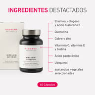 BIOGENA AESTHETICS MIRASKIN+ SUPERIOR, caja y frasco, cápsulas; envase del producto, lista de ingredientes, indicación 60 cápsulas