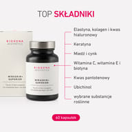 BIOGENA AESTHETICS MIRASKIN+ SUPERIOR, pudełko i butelka, kapsułki; opakowanie produktu, lista składników, oznaczenie 60 kapsułek