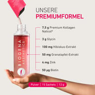 Visualizzazione del prodotto con polvere di collagene versata in una bottiglia. Il testo evidenzia collagene premium Naticol®, glicina, estratti di ibisco e melograno, oltre a zinco e biotina. Indicazione di 15 sachet da