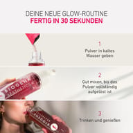 Instrukcja w trzech krokach przygotowania beauty drinka: wsypać proszek do zimnej wody, dobrze wymieszać aż do rozpuszczenia, a następnie wypić i cieszyć się smakiem.