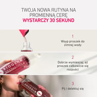 Instrukcja w trzech krokach przygotowania beauty drinka: wsypać proszek do zimnej wody, dobrze wymieszać aż do rozpuszczenia, a następnie wypić i cieszyć się smakiem.