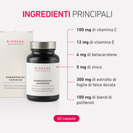 Immagine del prodotto Summerskin+ Superior con panoramica degli ingredienti principali, tra cui vitamina C, vitamina E, beta-carotene, zinco, estratto di felce e polifenoli.