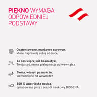 Grafika o pięknie od wewnątrz: opatentowane składniki, codzienna rutyna beauty wspierana od środka, wsparcie dla skóry, włosów i paznokci oraz austriacka ekspertyza naukowa opracowana przez BIOGENA.