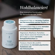 Fľaša BIOGENA Antistress Formula® na stole spolu s informáciami o účinkoch jednotlivých zložiek. Horčík prispieva k normálnemu fungovaniu nervového systému a psychiky, zatiaľ čo kyselina pantoténová prispieva k normálnej