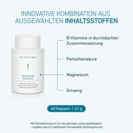 Biela fľaša BIOGENA Antistress Formula® zobrazená spolu s vybranými zložkami: vitamínmi skupiny B, kyselinou pantoténovou, horčíkom a ženšenom. Produkt obsahuje 60 kapsúl.