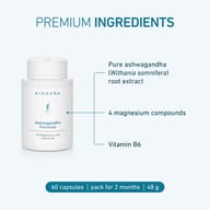 Ashwagandha Formula product showing ingredients: pure Ashwagandha root extract, 4 magnesium compounds, vitamin B6, 60 capsules, 2-month supply, 48 g.