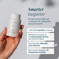 Obsahuje 0,16 mg DAO v každej kapsule. DAO (diaminooxidáza) je enzým prirodzene sa vyskytujúci v tele, ktorý rozkladá histamín. Inteligentná kombinácia DAO a L-glutamínu v jednom produkte.
