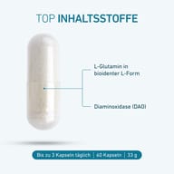 DAOzym® spája enzým DAO a L-glutamín v jednej kapsule. Praktický spoločník pred jedlami obsahujúcimi histamín – pre bezstarostnejšie chvíle pri jedle.