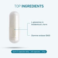 DAOZym® capsule with ingredient labels, text: „Top ingredients: L-Glutamine in bioidentical L-form, Diamine oxidase (DAO). Up to 3 capsules daily, 60 capsules, 33 g.