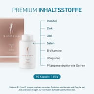 Biogena Juno: butelka i opakowanie, składniki premium jak inozytol, cynk, jod, selen, witaminy B, ubichinol i ekstrakty szafranu dla zdrowia kobiet.