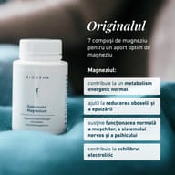 Flacon BIOGENA Siebensalz® Magnesium. Complex cu 7 compuși de magneziu pentru un aport optim. Magneziul contribuie la metabolismul energetic normal, reduce oboseala, susține funcționarea normală a mușchilor, sistemului n