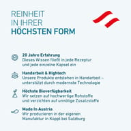 Grafik zur BIOGENA Reinheit mit Informationen zu 20 Jahren Erfahrung, Handarbeit und Hightech, hoher Bioverfügbarkeit und Herstellung in Österreich.