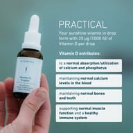 Person holding a bottle of BIOGENA Vitamin D₃ Drops. Graphic explains that each drop provides 25 µg (1000 IU) vitamin D and highlights its contribution to calcium absorption, healthy bones and teeth, normal muscle functi