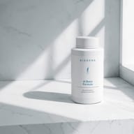 BIOGENA AI Basis Formula bottle, white container on marble counter, window shadows