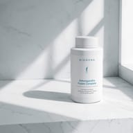 BIOGENA Ashwagandha Fusion Complete flacone, contenitore bianco su marmo, ombre finestra