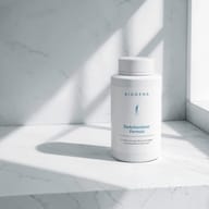 BIOGENA DiaAntioxidans Formula flacon en plastique, surface en marbre blanc, lumière du soleil, ombre de fenêtre