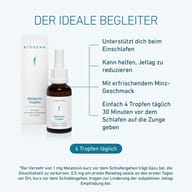 Flacone Biogena Melatonin Gocce sul tavolo, favorisce addormentamento rapido e riduzione del jet lag, con contagocce e confezione visibile.