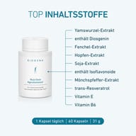 Nutrifem Agnubalance® od BIOGENA s extraktom z koreňa jamu, fenikla, chmeľu, sóje, mníšskeho korenia, trans-resveratrolom, vitamínom E a vitamínom B6. Balenie obsahuje 60 kapsúl, odporúčaná dávka 1 kapsula denne.