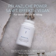 Opakowanie BIOGENA SmartFerrin B12 na kamiennej powierzchni z kapsułkami, z informacją o roślinnym, wegańskim wsparciu żelaza dla codziennej energii.