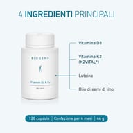 BIOGENA Vitamin D3 & K2 con quattro ingredienti principali: vitamina D3, vitamina K2, luteina e olio di semi di lino in confezione da 120 capsule.