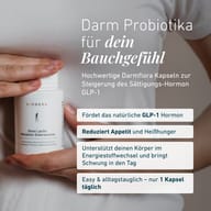 Osoba trzyma opakowanie BIOGENA Omni Lactis Metabolic Enterococcus. Grafika przedstawia probiotyk wspierający mikrobiom jelitowy, naturalny hormon GLP-1, kontrolę apetytu, metabolizm energetyczny oraz wygodne stosowanie