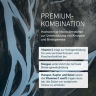 Grafika predstavuje prémiovú kombináciu mikroživín na podporu chrupavky a spojivového tkaniva. Vitamín C podporuje tvorbu kolagénu, mangán tvorbu spojivového tkaniva a antioxidanty pomáhajú chrániť bunky pred oxidačným s