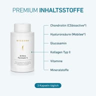 Balenie BIOGENA Arthro Formula® 4 s prehľadom prémiových zložiek: chondroitín, kyselina hyalurónová, glukozamín, kolagén typu II, vitamíny a minerály. Odporúčané užívanie sú 3 kapsuly denne.