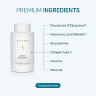 BIOGENA Arthro Formula® 4 Gold with chondroitin (CSbioactive®), hyaluronic acid (Mobilee®), glucosamine, collagen type II, vitamins and minerals. Premium daily formula for cartilage and connective tissue support.