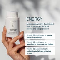 Hand holding BIOGENA Ubiquinol CoQ10 100 mg vegan bottle. Graphic highlights active coenzyme Q10 with vitamins B2 and E, supporting normal energy metabolism, reducing tiredness and fatigue, and protecting cells from oxid