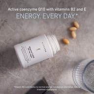 BIOGENA Ubiquinol CoQ10 100 mg vegan bottle with capsules on a stone surface. Graphic states: "Energy. Every Day." Active coenzyme Q10 with vitamins B2 and E supports normal energy metabolism and helps reduce tiredness a