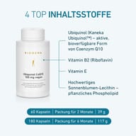 BIOGENA Ubiquinol CoQ10 100 mg vegan cu ubichinol, vitaminele B2 și E și lecitină de floarea-soarelui de înaltă calitate.