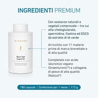 Mano che tiene Biogena Best Age Superior, testo indica 24 ingredienti premium per pelle, metabolismo energetico, nervi, mente e regolazione zucchero nel sangue.