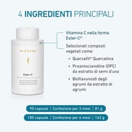 Bottiglia di Ester-C® vitamina C con ingredienti come Quercefit® Quercetina, OPC da estratto di semi d'uva e bioflavonoidi agrumati, confezioni da 3 e 6 mesi.